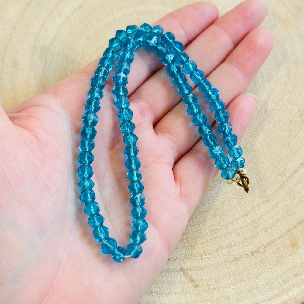 Vtg‎ teal blue Glass Necklace Hand Cut Carved Beads Art Deco Czech Flapper 14"